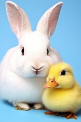 Cute White Rabbit and Yellow Duckling on Blue Background Together