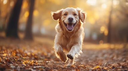  relaxing healthy golden retriever running with the owner woman for exercise in the morning sunrise.