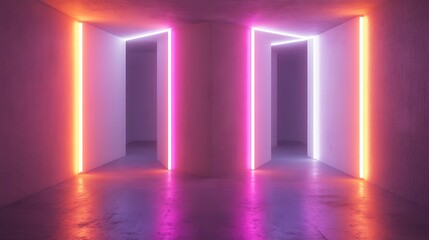 Neon Lights Illuminate Abstract Corridor Walls