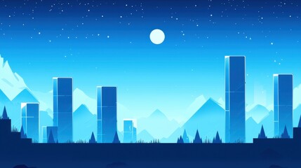 Nighttime Cityscape Mountains and Moonlit Sky