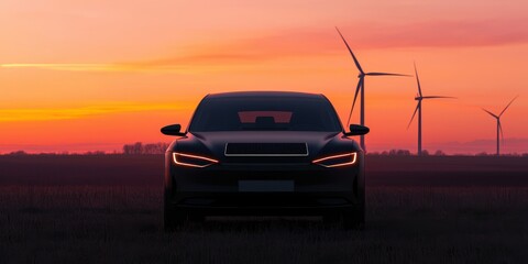 Fototapeta premium Sunset Scene with Car and Wind Turbines in Background