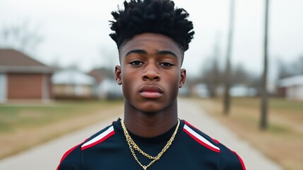 Portrait of a young African man wearing a sports jersey, with a neutral expression, standing outdoors in natural light