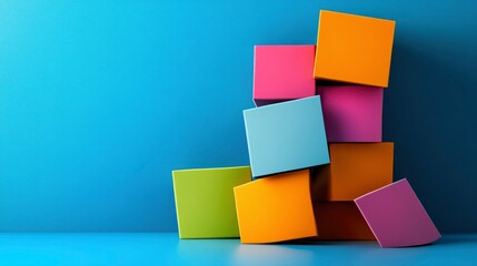 Obraz premium Colorful Cubes Stacked Against a Blue Background - Abstract Design Concept