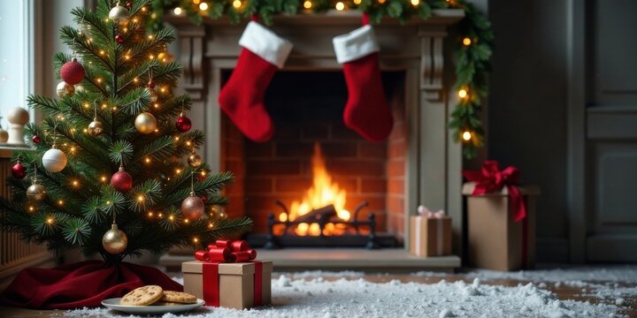 A Festive Christmas Scene with a Decorated Tree, Presents, and a Cozy Fireplace - Powered by Adobe