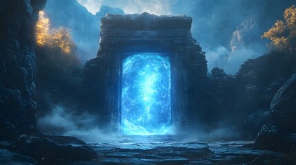 Blue door set in a rocky cave entrance with textured stone walls and natural lighting