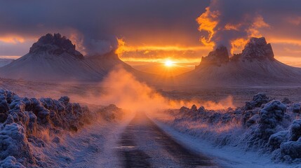 Fototapeta premium Dramatic Winter Sunset over Snowy Desert Mountains
