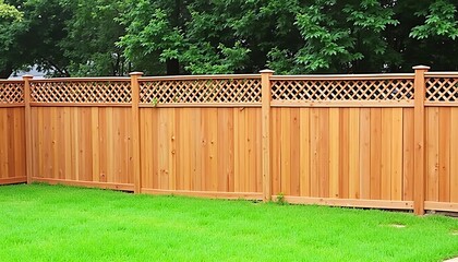 Newly installed wooden privacy fence with lattice top bordering a lush green yard