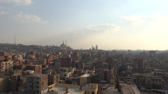 Cairo, Egypt A skyline view of downtown and Old Cairo from atop a minaret at the Ibn Tulun Mosque.
