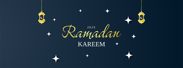 Fototapeta premium Luxury ramadan kareem islamic banner design with gold frame and arabic lantern. dark blue gradient