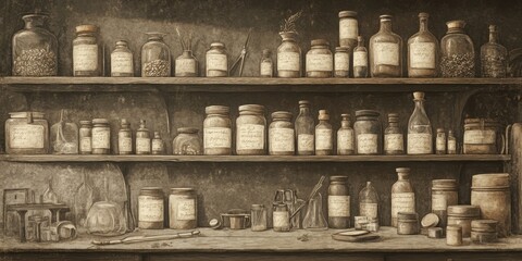 Antique Apothecary Shelves Filled With Various Jars And Bottles