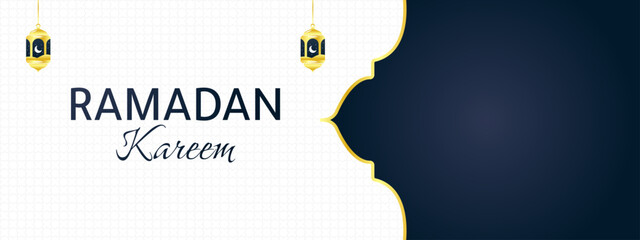 ramadan kareem islamic banner design with mandala and arabic lantern. dark blue gradient