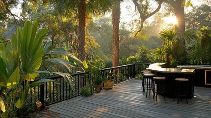 Obraz premium Peaceful Outdoor Deck Surrounded by Lush Greenery at Sunrise