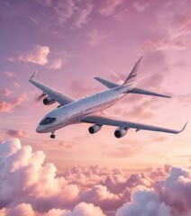 Obraz premium Airplane flying against the backdrop of a soft pink sky with wispy clouds , peaceful, gentle