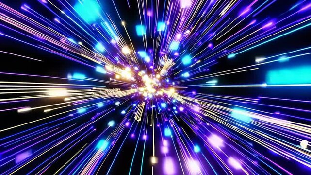 Abstract digital visualization featuring luminous blue energy streams against dark space. Dynamic light trails create depth and movement, suggesting high-speed data flow through a virtual corridor.