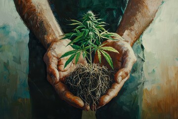 A man is holding a plant with its roots in his hands