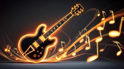 Obraz premium A classic guitar silhouette with light trails forming music notes around it