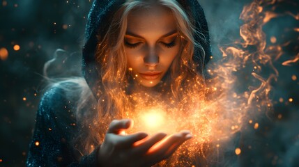 Woman holding a lit candle in her hands with a soft glow in a dimly lit environment