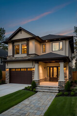 Fototapeta premium Luxury Modern Home Exterior at Dusk: Elegant Architectural Design and Landscaping