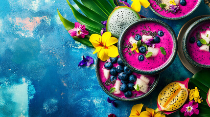 Vibrant Dragon Fruit Smoothie Bowls Blueberries Tropical Flowers Summer Food Photography Pink Chia  