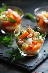 A delicious seafood salad featuring octopus, scallops, red peppers, and fresh herbs, elegantly presented in a glass cup for a gourmet experience.