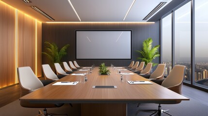A contemporary conference room with a long table, comfortable chairs, and a large screen