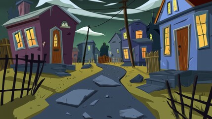 Nighttime view of a spooky, cartoon-style village street with illuminated houses.