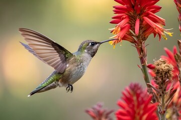 Fototapeta premium A hummingbird hovering near a vibrant red flower, its wings beating rapidly. The image should capture the fleeting beauty and delicate nature of love