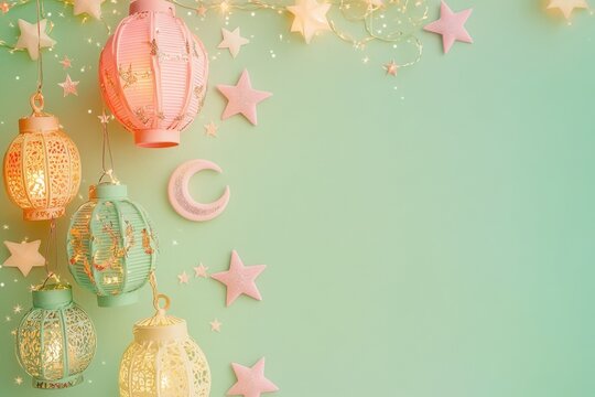 Festive Ramadan Lanterns Stars Moon Lights Pastel Background Perfect for greeting cards invitations