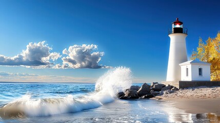 Obraz premium A lighthouse on the shore of Lake Ontario with waves crashing against the rocks