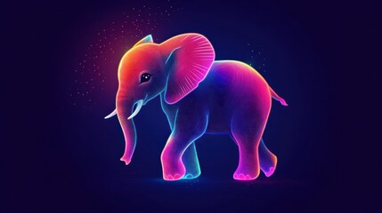 Neon baby elephant walking, dark background, digital art, kids wallpaper
