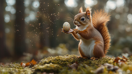 squirrel playing with easter eggs