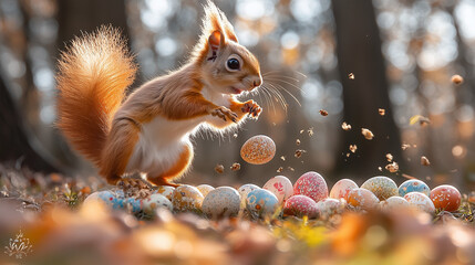 squirrel playing with easter eggs