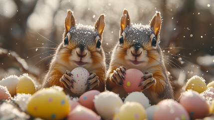 squirrel playing with easter eggs