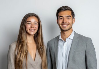 Duo business partnerships man and woman standing together in front of plain white background, pose confidently, symbolizing power of partnership and mutual respect.