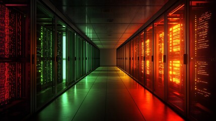 Fototapeta premium Intense server room glows red and green light reflecting powerfully on polished floor. AI Generated