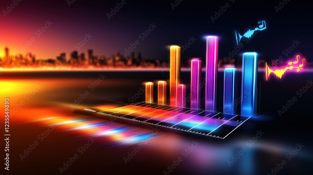 Poster a sound equalizer graph with vibrant, pulsing bars on a dark gradient background