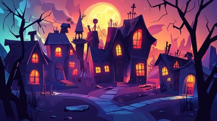 Spooky Halloween Village Underneath a Harvest Moon