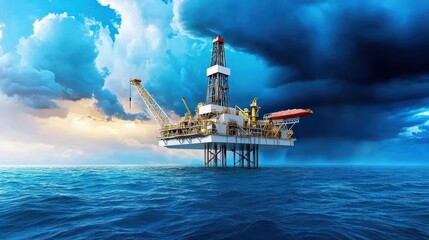 Obraz premium An offshore oil rig surrounded by vast ocean under a dramatic cloudy sky