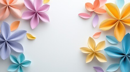 Fototapeta premium Decorative paper flowers in a vibrant array of colors on a white backdrop
