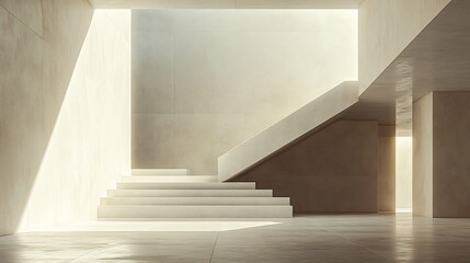 Fototapeta premium Modern minimalist staircase bathed in soft sunlight; serene interior design. AI Generated