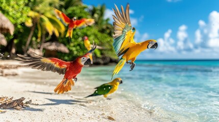 Naklejka premium A vibrant scene featuring colorful parrots flying over a tropical beach with clear waters and lush palm trees.