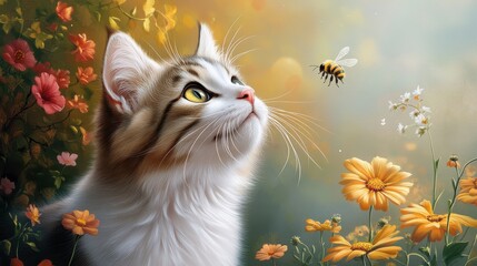 Picture a curious cat exploring a vibrant garden filled with blooming flowers and buzzing bees.
