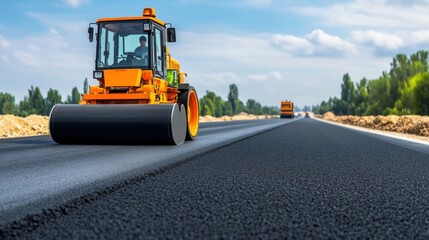 Vibrant Road Construction Scene Featuring Heavy Machinery Working on Asphalt Paving for New Roadway Development