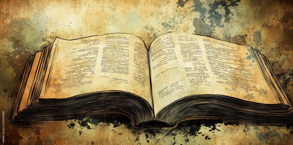 Poster ancient book open displaying aged pages of text