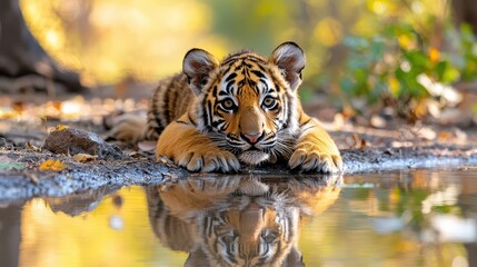 A young tiger rests by a tranquil water source, reflecting its image, surrounded by lush greenery and warm autumn light.