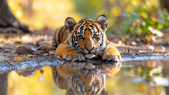 A young tiger rests by a tranquil water source, reflecting its image, surrounded by lush greenery and warm autumn light.