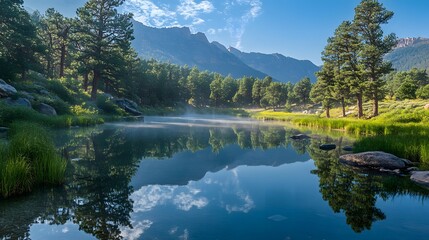 Tranquil body of water surrounded by lush greenery under a clear blue sky during a sunny day