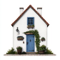 Obraz premium Charming White Cottage with Blue Door and Greenery