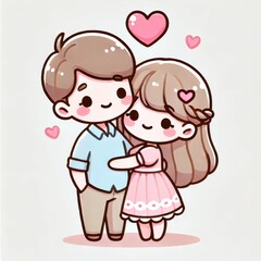 Cartoon couple hugging with a heart symbol. Cute pastel illustration on a white background. Valentine's Day and love concept.