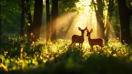 Two deer stand close together in a sunlit forest, surrounded by greenery, creating a peaceful and serene atmosphere.